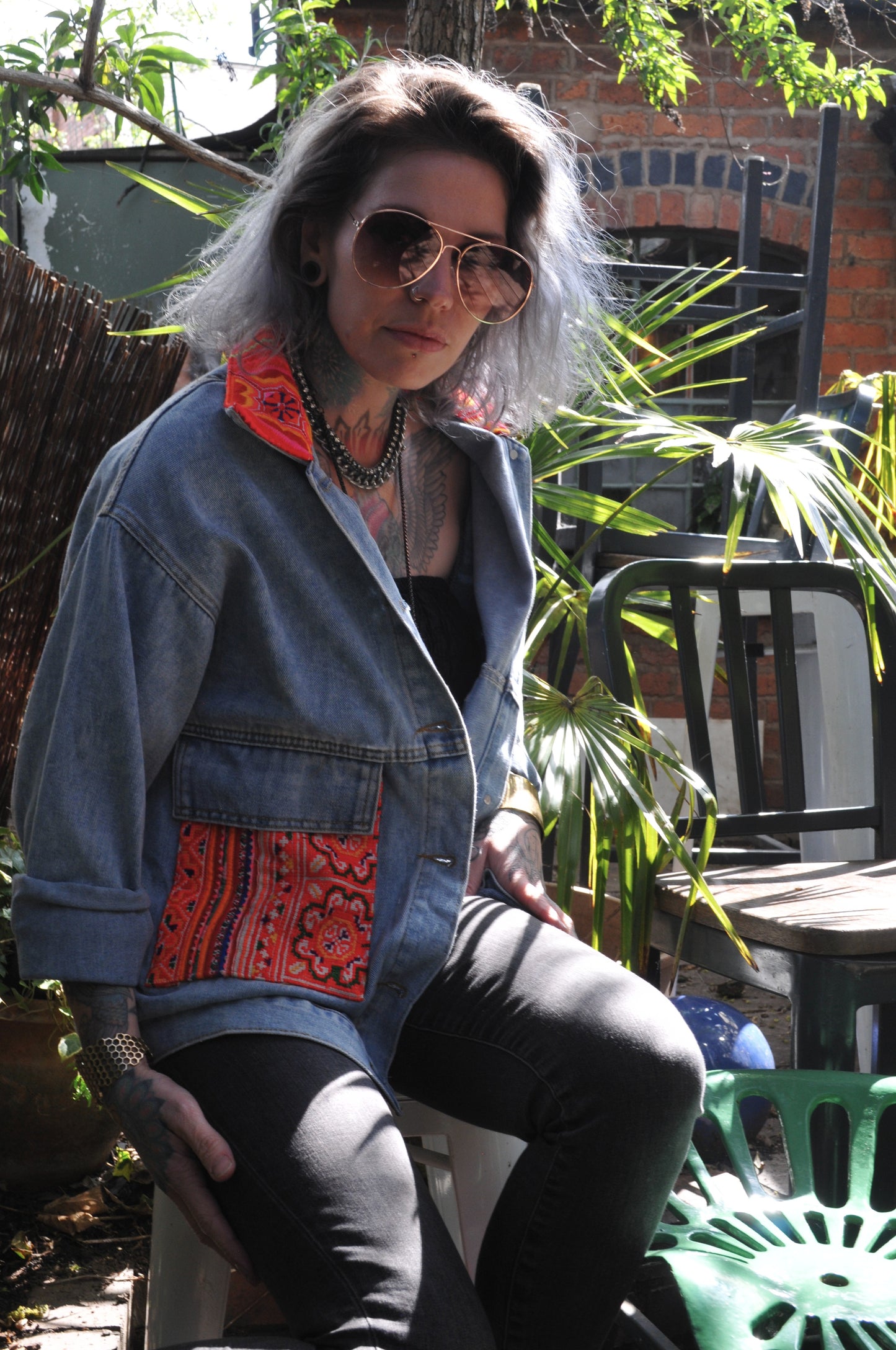 Denim Jacket with Vintage Hill Tribe Textile