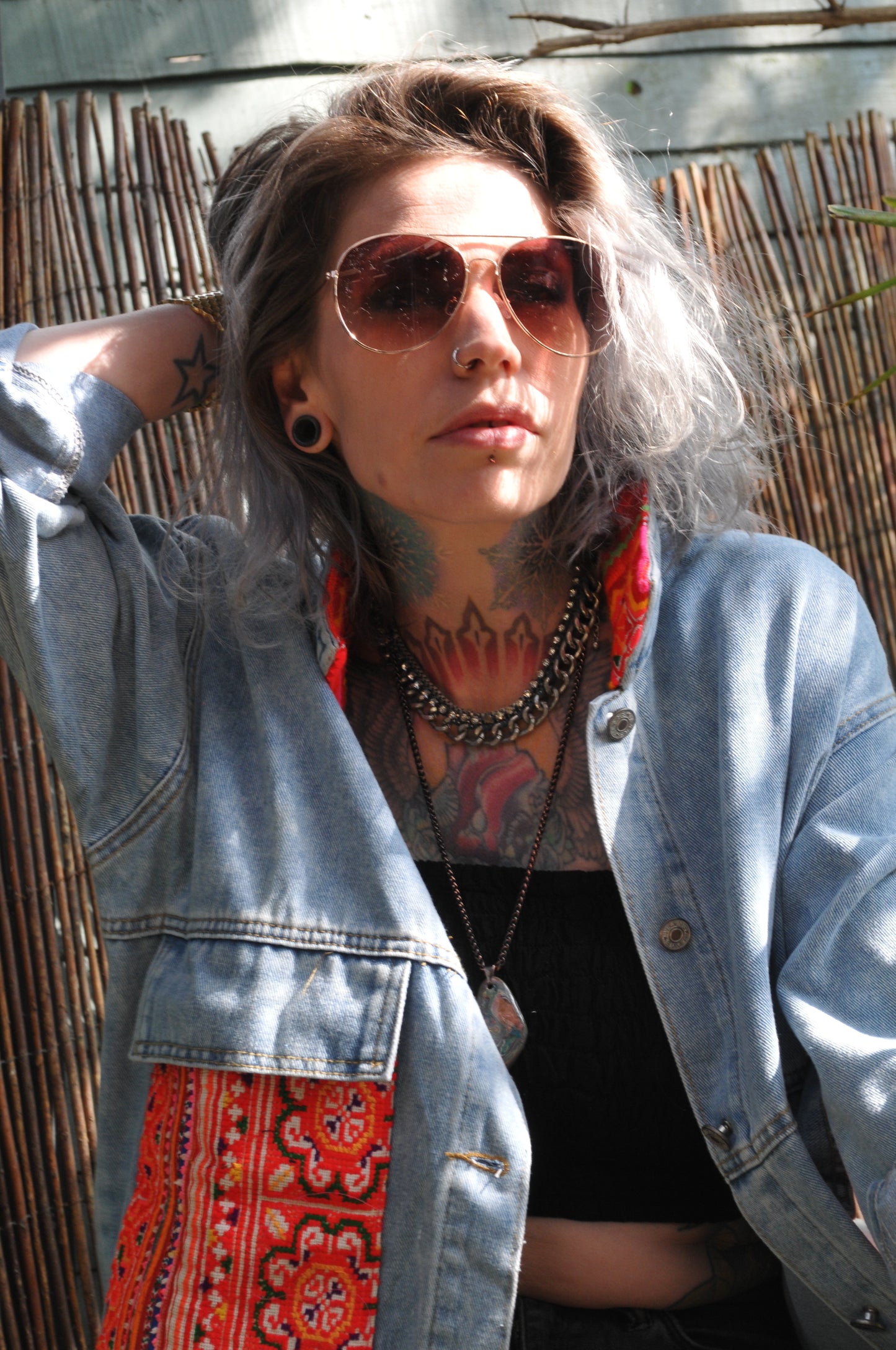 Denim Jacket with Vintage Hill Tribe Textile