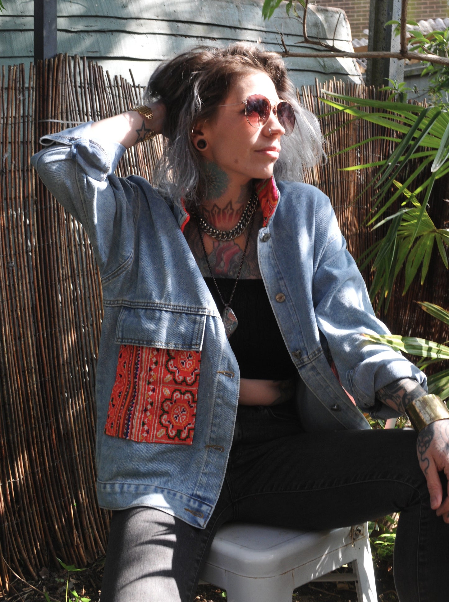 Denim Jacket with Vintage Hill Tribe Textile