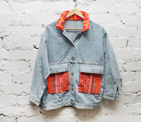 Denim Jacket with Vintage Hill Tribe Textile