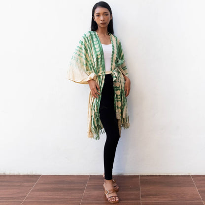 Fringed Cardigan in Cream & Green