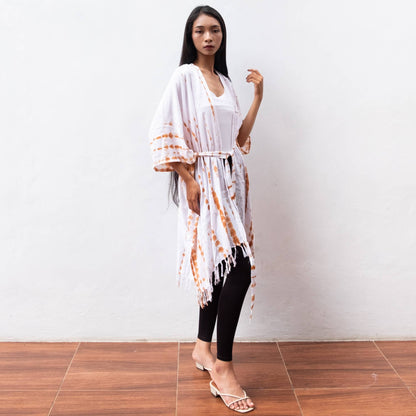Fringed Cardigan in White & Brown