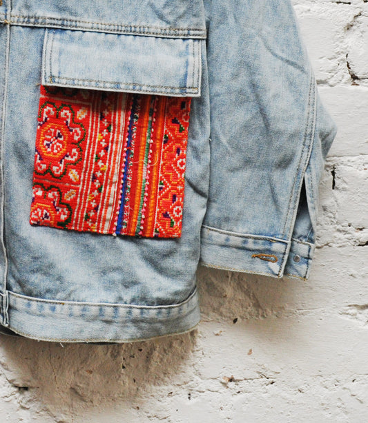 Denim Jacket with Vintage Hill Tribe Textile