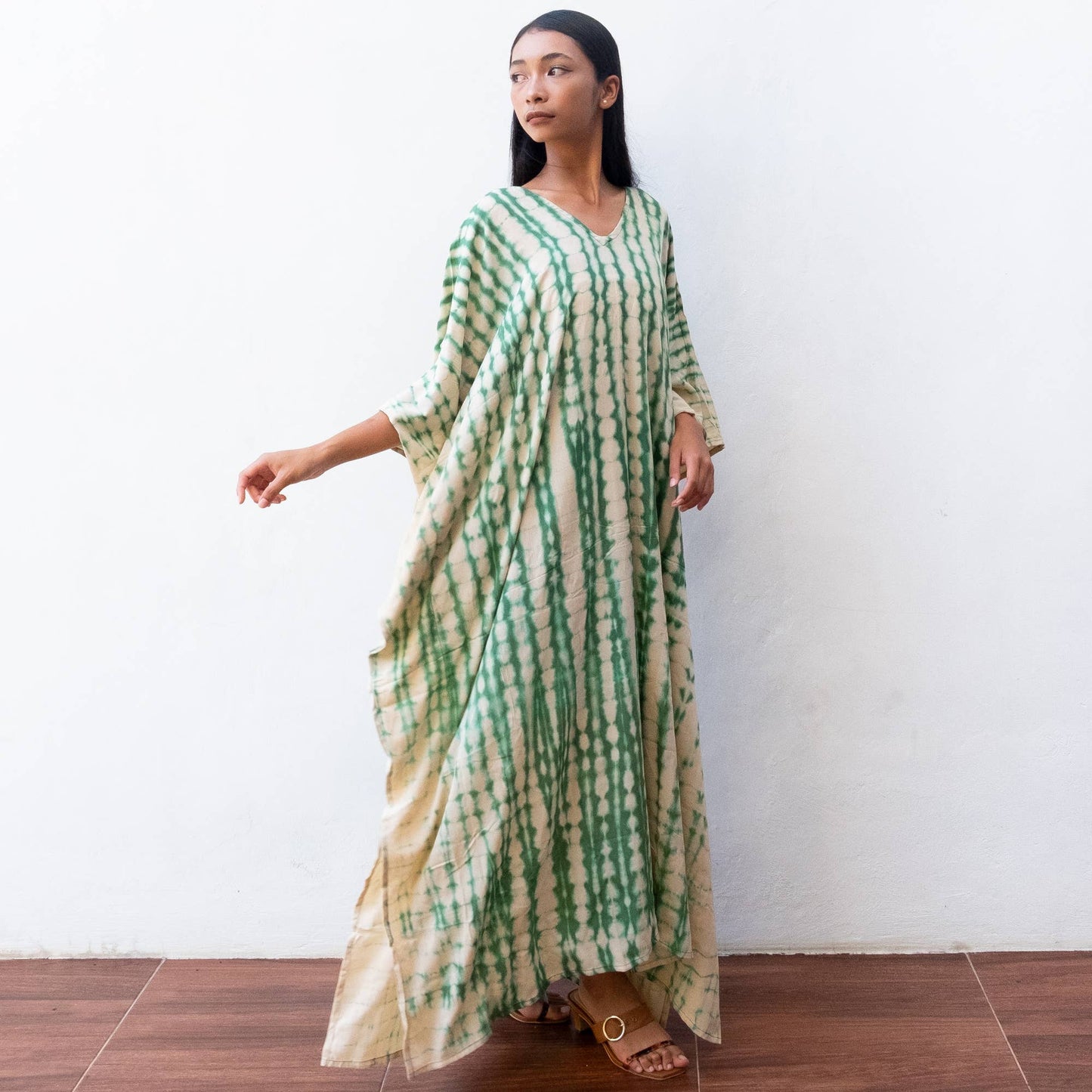 Kaftan Dress in Cream & Green