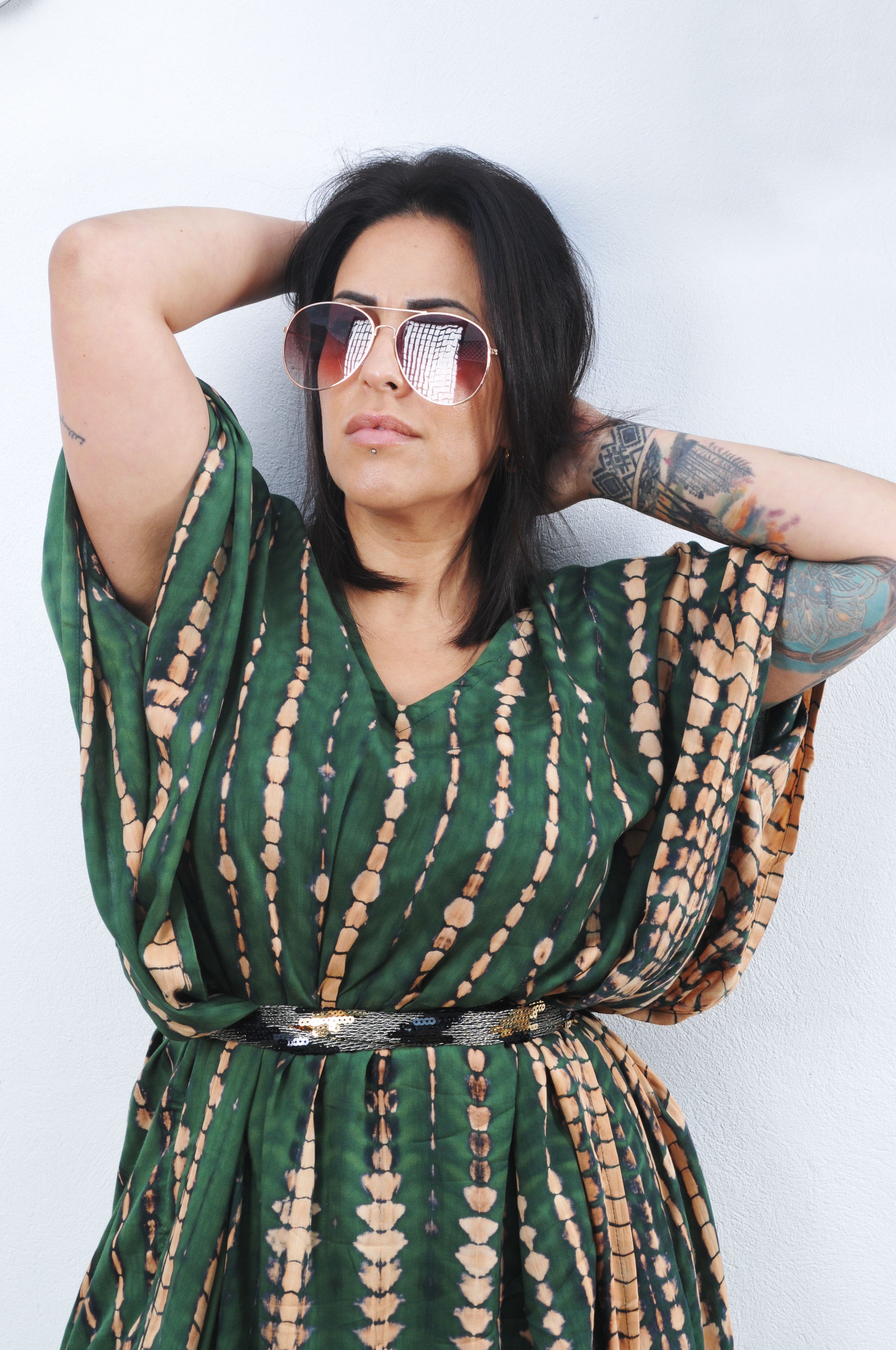 Kaftan Dress in Cream & Green | Bohemian Summer Dress